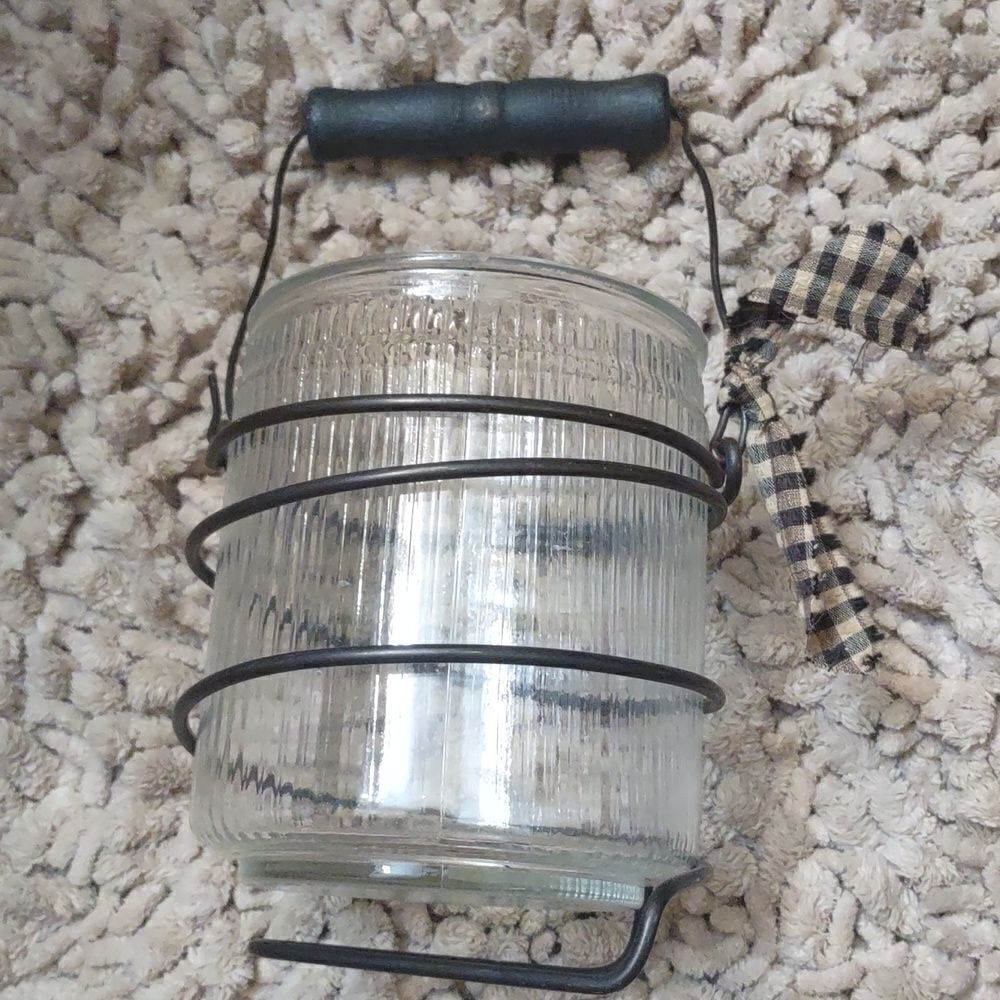 5x4 Ribbed Glass jar candle holder with handle primitive feel‎
